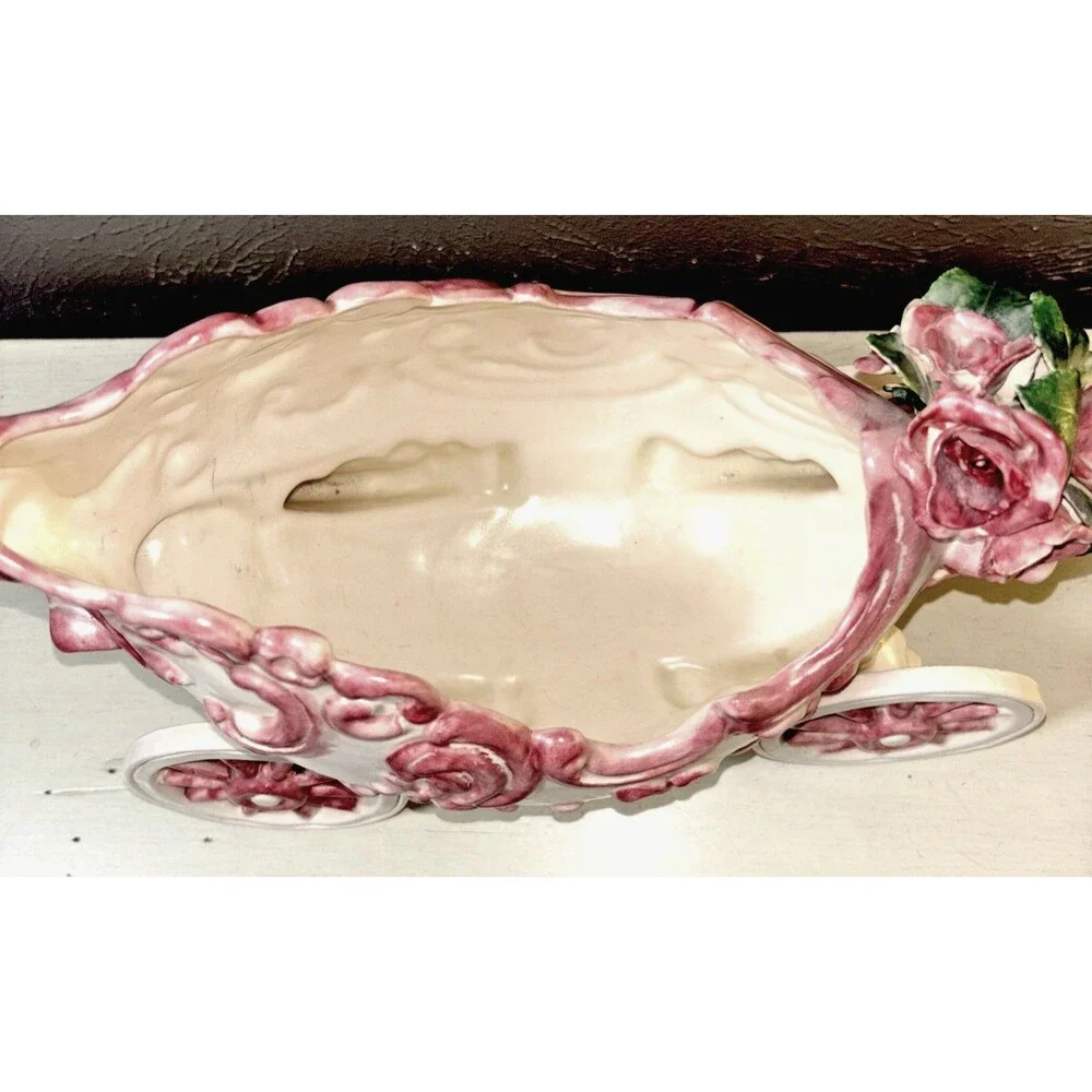 Mary Leone Pottery Whimsical Carriage Planter with Bouquet of Roses Vintage 1975